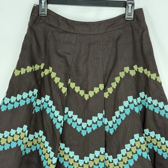 Ann Taylor LOFT Brown Pleat Skirt Embroidered Chevron Pattern 2P Linen - Picture 15 of 16